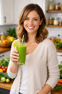 lady holding glass of green juice standing in white kitchen